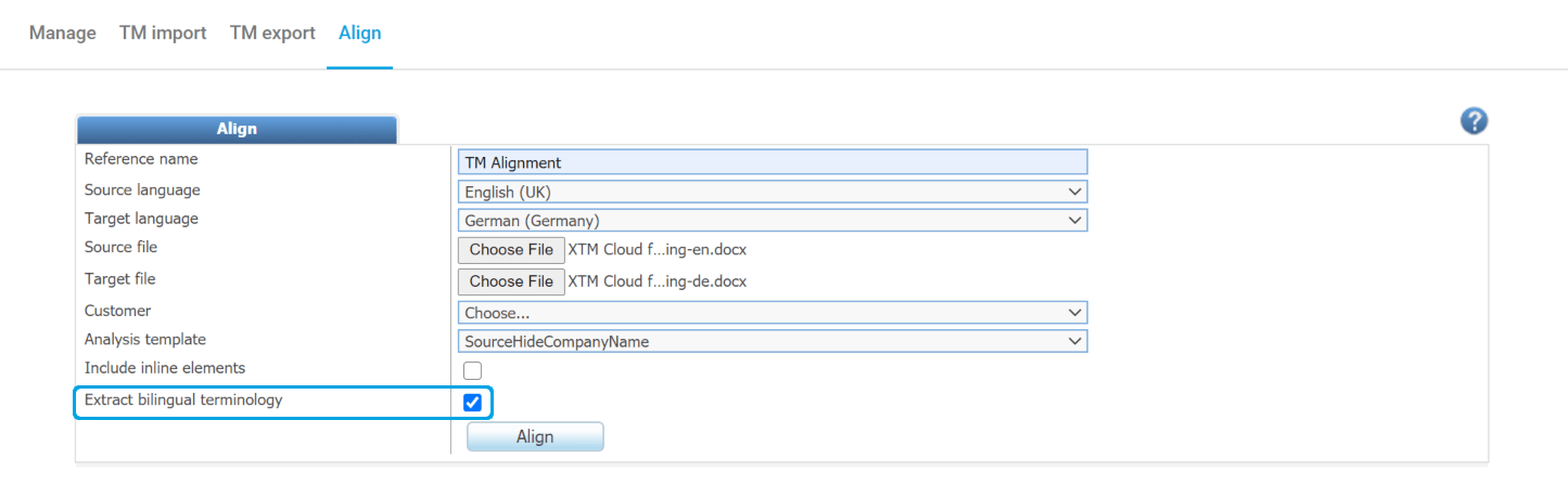 Bilingual term extraction in XTM Cloud