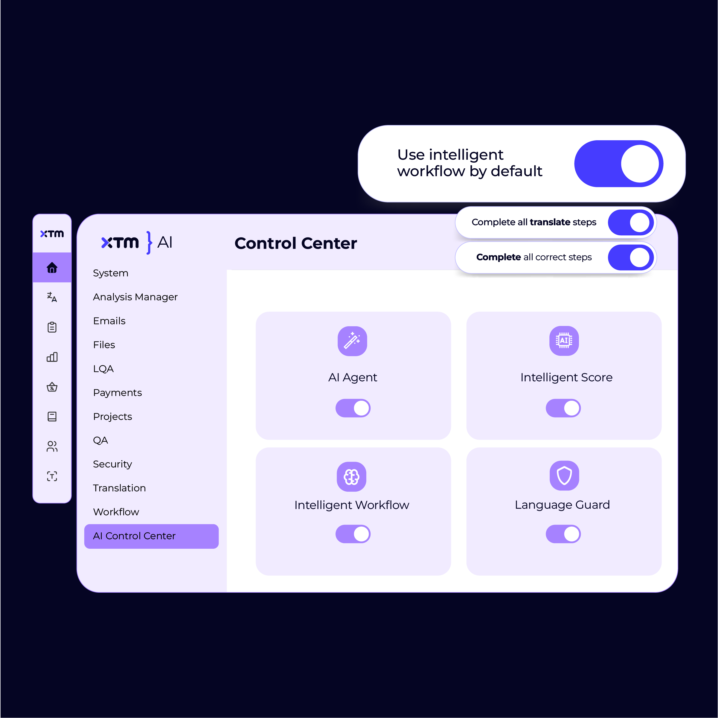 XTM AI Control Center interface showing AI Agent, Intelligent Score, Intelligent Workflow, and Language Guard settings with intelligent workflow toggled on