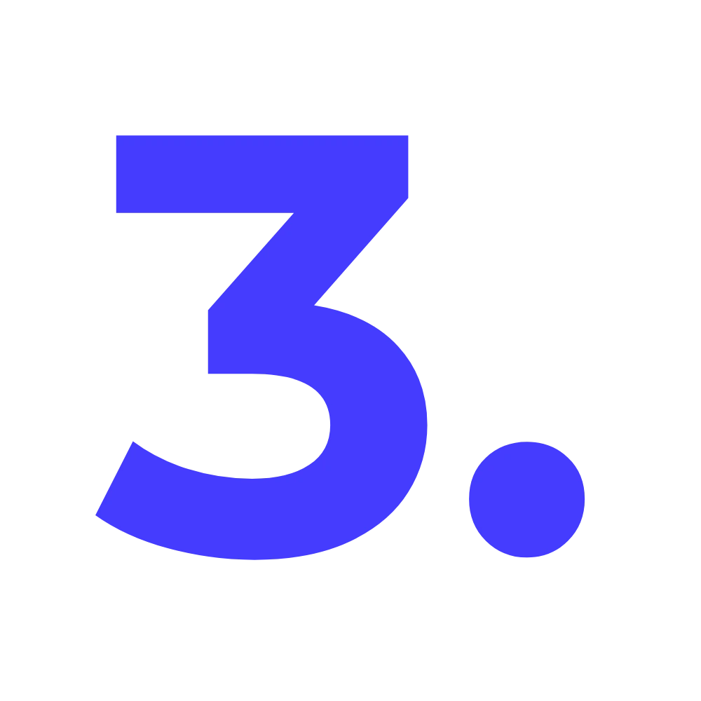 The number three in blue with a full stop