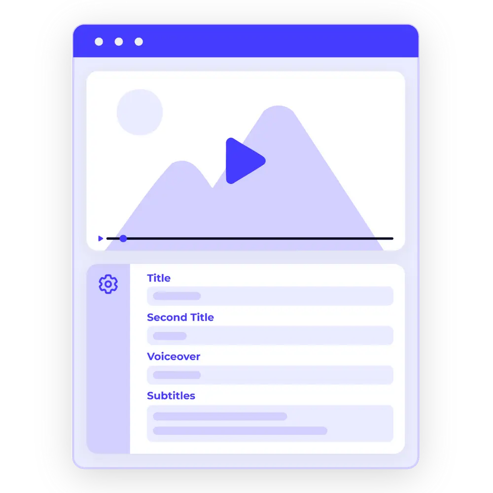 Illustration of a translation preview interface showing video playback with editable fields for titles, voiceover, and subtitles
