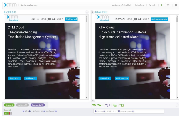 XTM Cloud visual interface with side-by-side translation