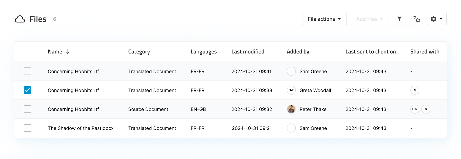 XTRF files card showing last sent to client