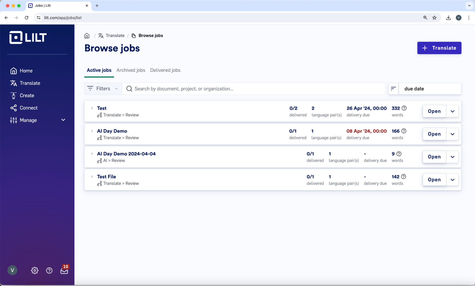 Lilt jobs dashboard