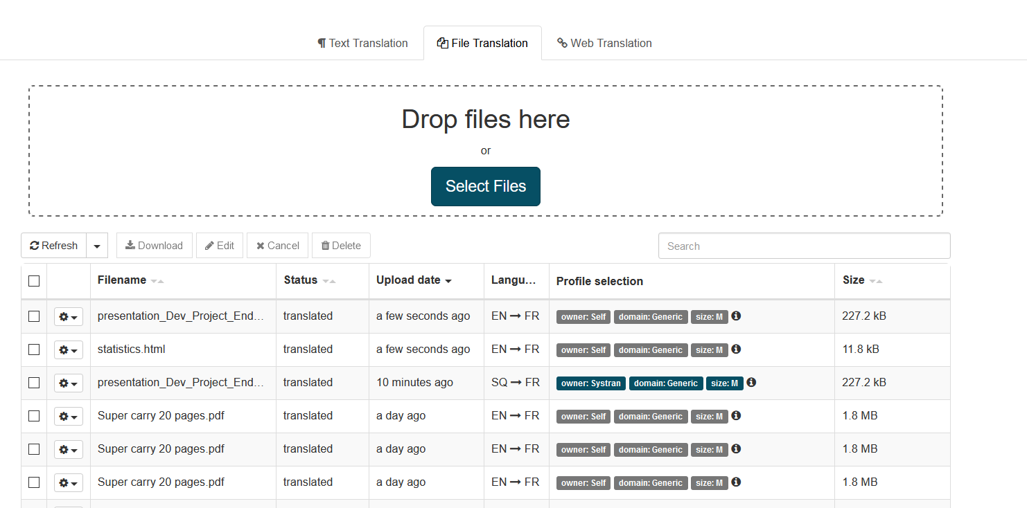 SYSTRAN file translation dashboard