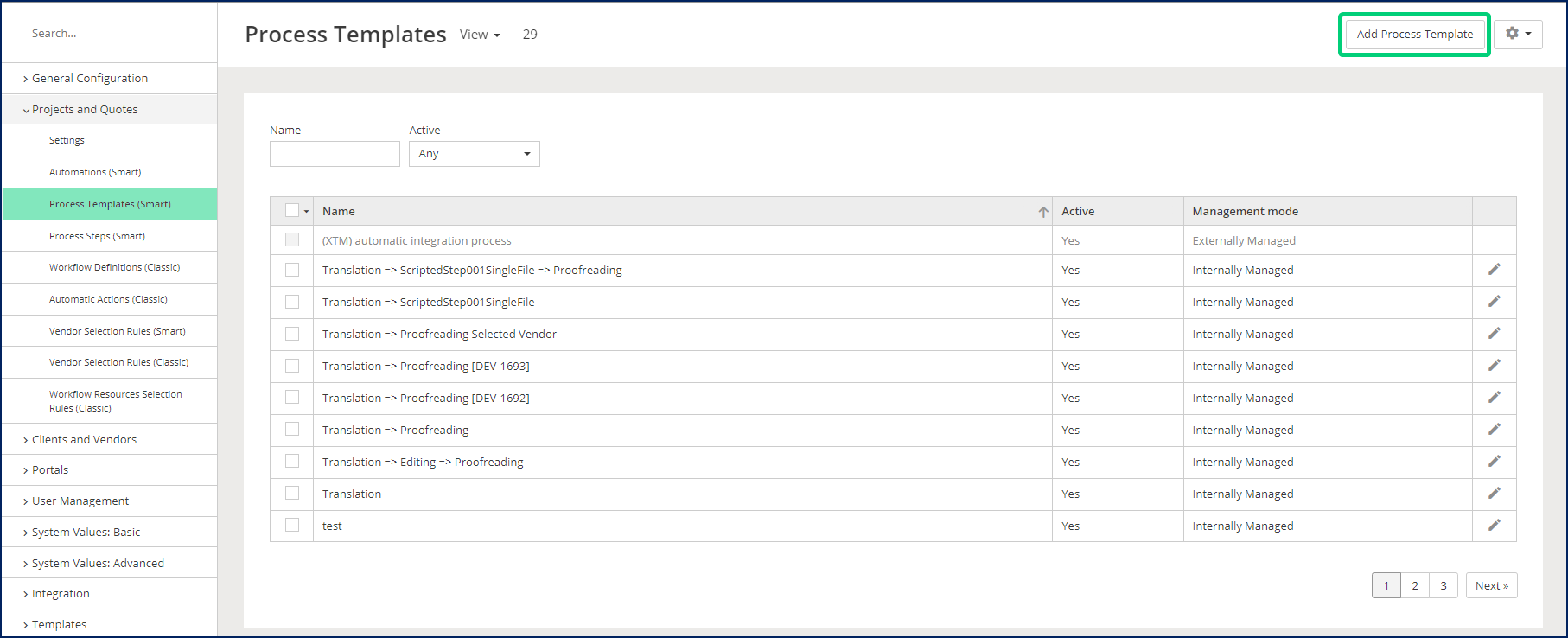 XTRF Smart process templates dashboard