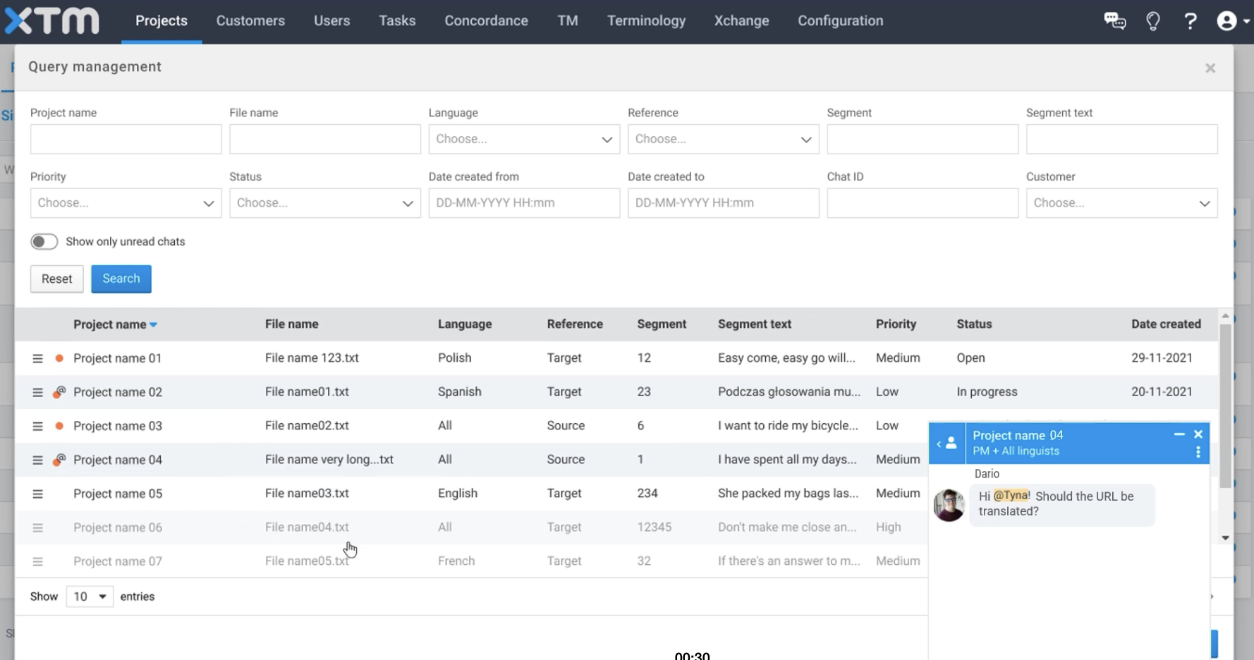 XTM Projects query management