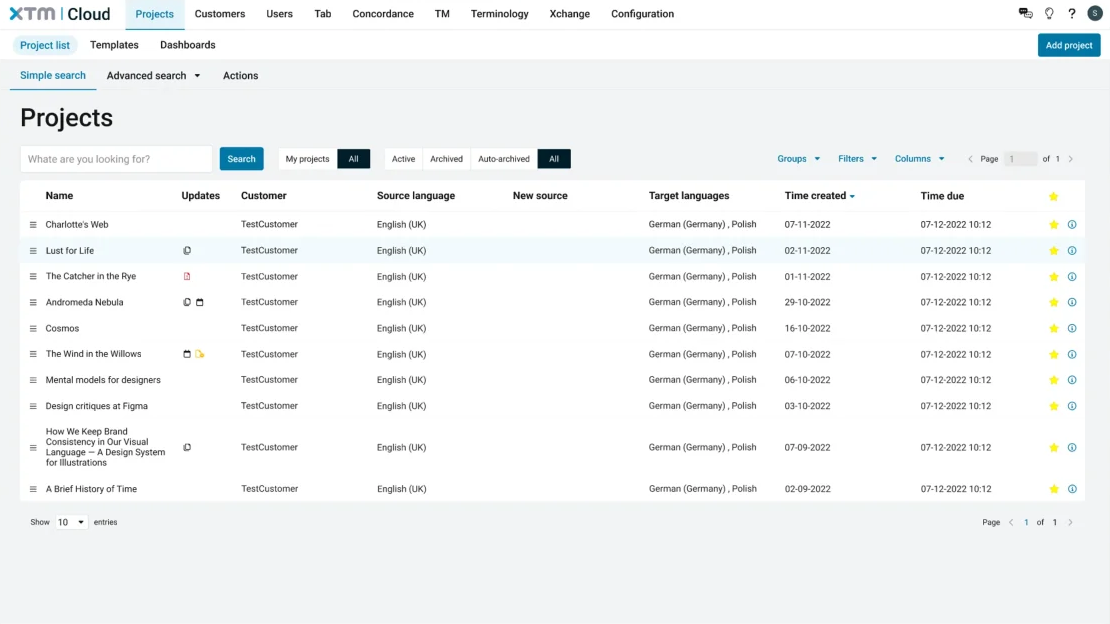 XTM Cloud Projects dashboard