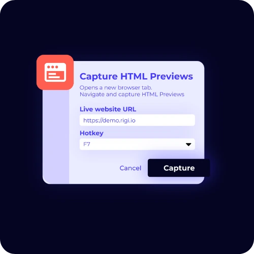 Capture HTML Previews dialog in Rigi showing input for live website URL and hotkey selection