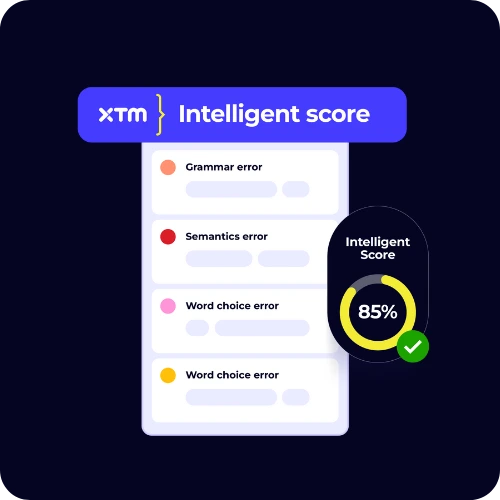 XTM Intelligent Score interface showing grammar, semantics, and word choice errors with overall score of 85%