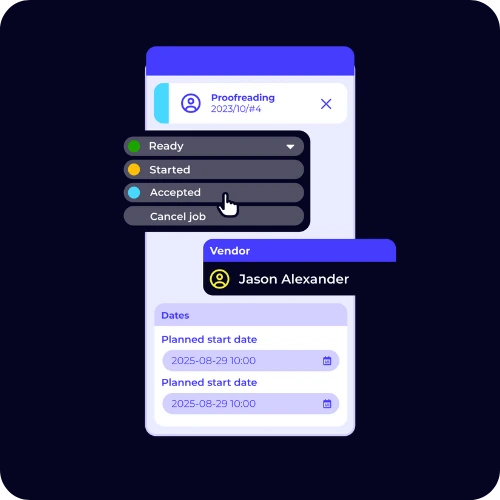 Proofreading job interface with dropdown status options including Ready, Started, and Accepted, and vendor assignment details