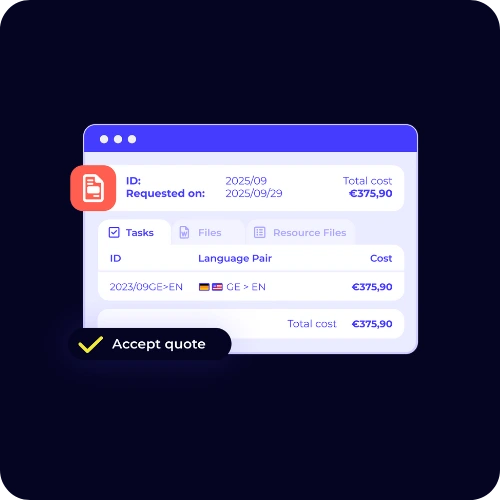 Translation quote summary showing language pairs, task ID, and total cost with an “Accept quote” button
