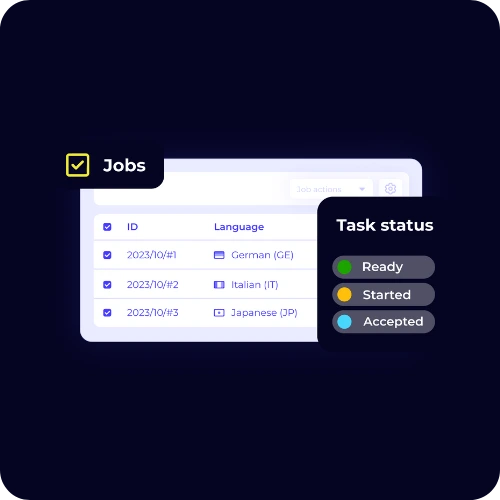 Job management interface showing language tasks with status indicators for ready, started, and accepted