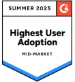 G2 Summer 2025 badge for Highest User Adoption in the Mid-Market localization tools category