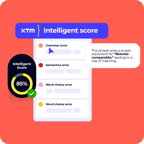 XTM Intelligent Score interface showing grammar, semantics, and word choice errors with an 85% translation quality score and contextual error explanation