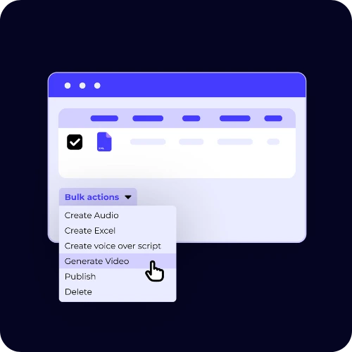 XTM Video Creation Cloud interface showing bulk actions dropdown with 'Generate video' selected