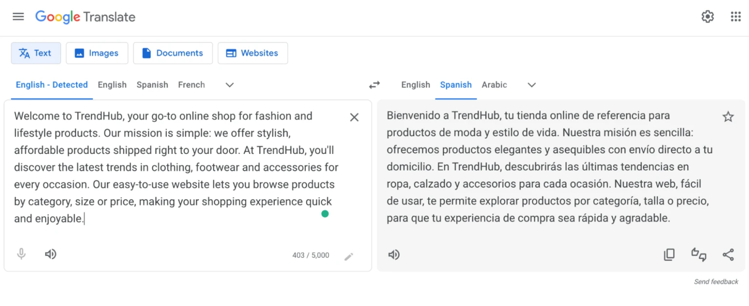 Google Translate user interface