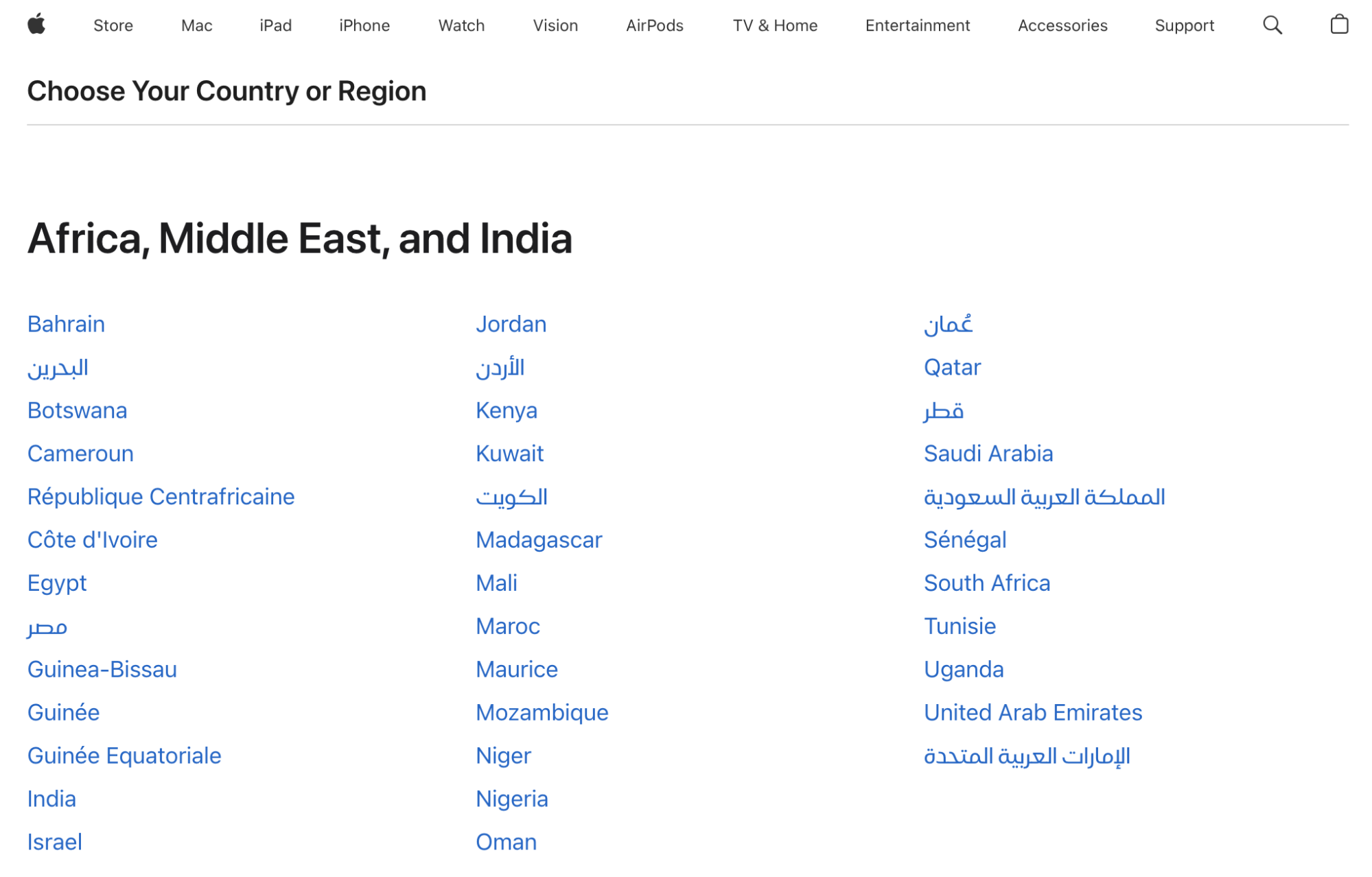 Apple's website language options