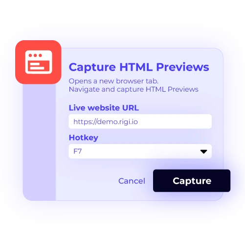Rigi's "Capture HTML Previews" interface. Users can input a live website URL and use a hotkey to capture HTML previews for translation. This highlights a key feature for context-based localization.