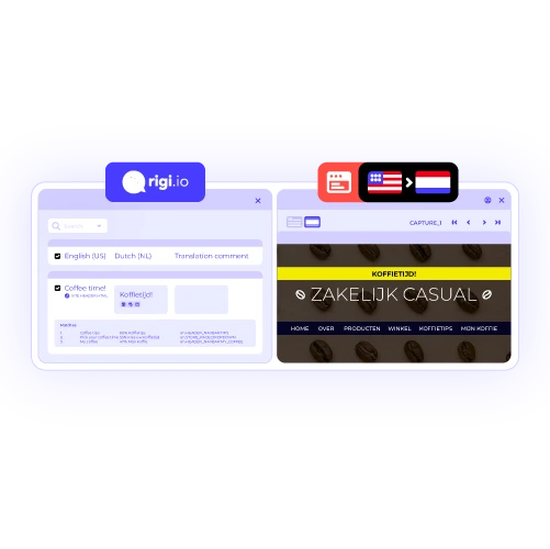 A dual-pane view of the Rigi platform. On the left is the translation editor with English and Dutch strings. On the right is a live preview of a website with the Dutch translation, showcasing real-time visual context for linguists.