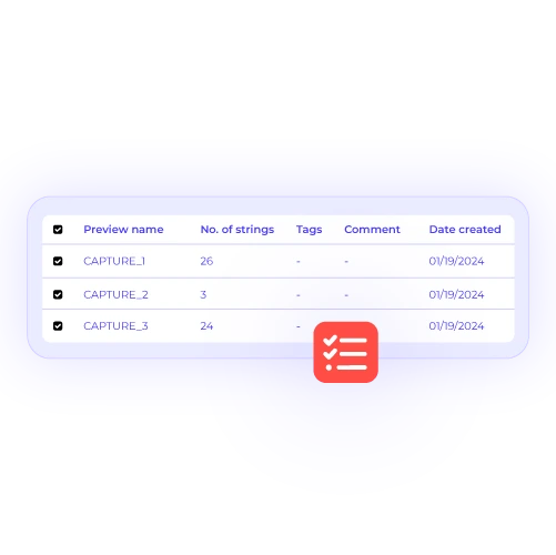 Rigi's dashboard showing a list of captured previews. The table displays the preview name, number of strings, and creation date, providing an organized overview of translation assets.