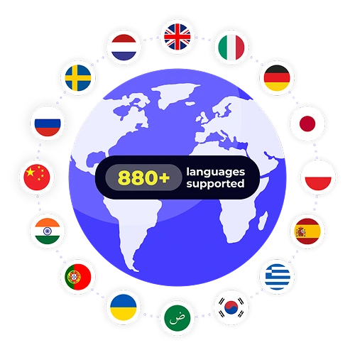 A graphic illustrating XTM's language support with a world map and country flags. A central banner states "880+ languages supported," demonstrating the platform's wide range of linguistic capabilities.