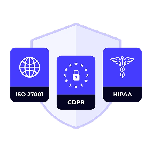 A graphic showcasing XTM Cloud's security and compliance, featuring a shield icon. Smaller icons represent "ISO 27001," "GDPR," and "HIPAA," signifying robust security measures.