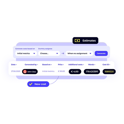 Transparent cost estimation for translation projects, allowing for accurate financial planning based on initial metrics and word count.