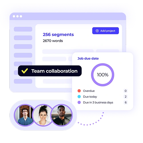 Localization hub dashboard showing metrics like word count and job due dates. The visual highlights the platform's team collaboration features for streamlined project management.