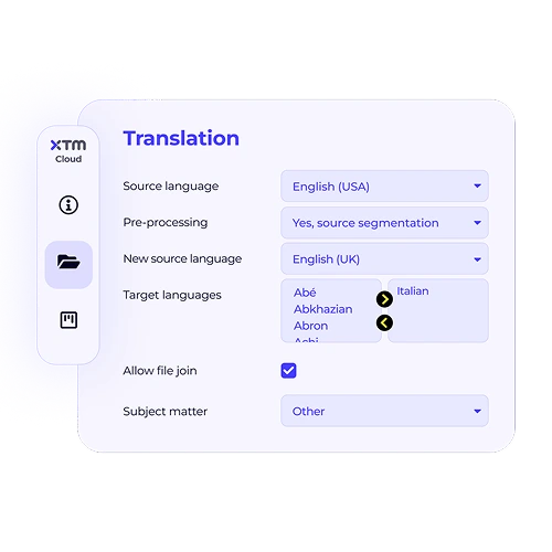 The project templates interface for translation setup. Users can select source and target languages, pre-processing, and subject matter for streamlined project creation.