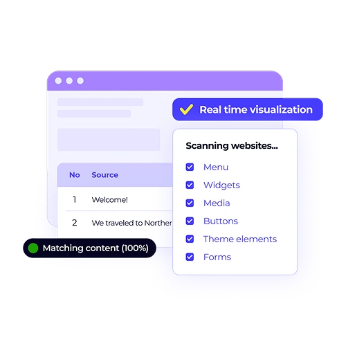 Real-time visualization of content scanning. The screen shows a list of items being matched on a website, highlighting XTM Cloud's ability to automate content discovery.