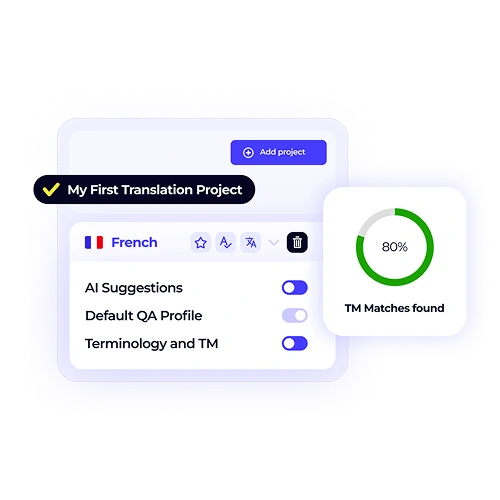 A translation project dashboard for French content showing an 80% TM match. This graphic demonstrates how XTM Cloud leverages existing translation memory to boost efficiency and consistency.