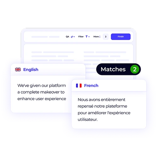 Translation Memory (TM) matches for English to French content. The interface shows a source English phrase and its translated French counterpart, highlighting efficient reuse of previously translated content.