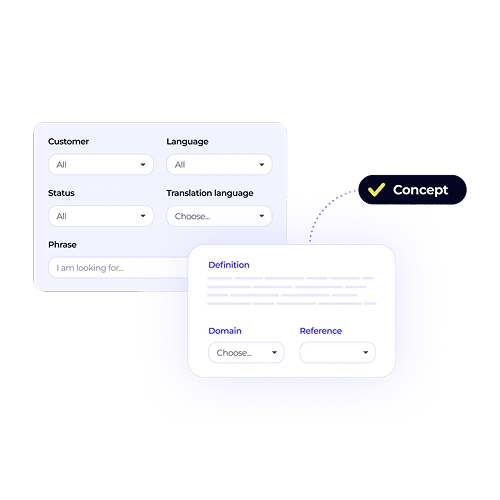 The Terminology management interface. Users can search for phrases and view concepts, definitions, and domains to ensure consistent brand voice.