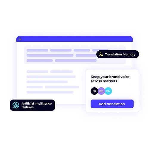 The translation memory (TM) feature of XTM Cloud, emphasizing how it helps maintain brand voice across markets. The interface shows translations in French, German, and English.
