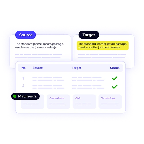 The translation workbench with source and target segments. It shows real-time matches, concordance, and quality assurance features for a seamless translation experience.