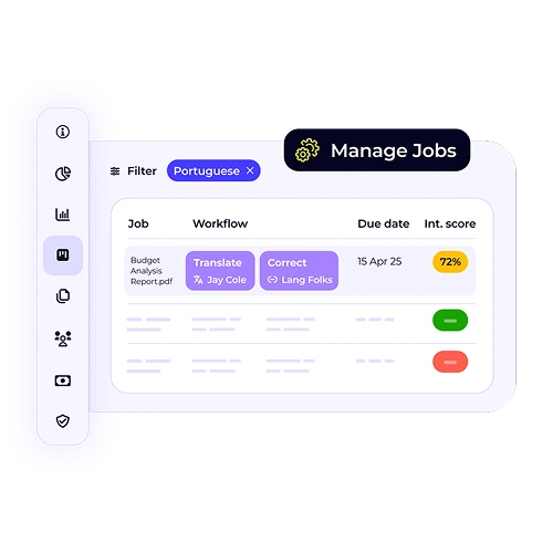 Job management dashboard showing a Portuguese-filtered workflow. The interface shows job details, workflow steps (e.g., translate, correct), due dates, and an 'Int. score.'