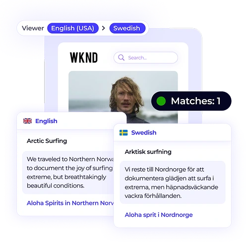 Visual preview feature showing a website with an English source text and its Swedish translation. This feature helps linguists verify the context of their translations.