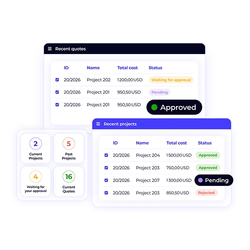 XTRF client portal dashboard showing recent quotes and projects. The interface displays project status (e.g., 'Approved,' 'Pending,' 'Rejected'), giving clients a clear overview of their translation requests.
