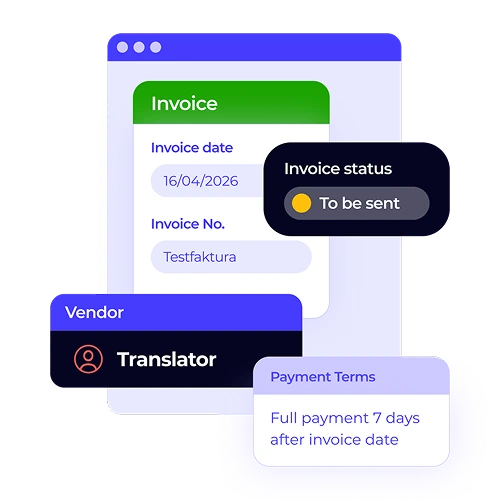 A vendor invoice from XTRF's financial management tool. This image shows the invoice status and payment terms, highlighting the system's ability to manage payments to linguists and vendors.