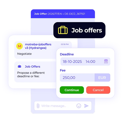 A smart vendor matching job offer from XTRF. The interface shows a message to a linguist with a deadline and fee, allowing for easy negotiation and project acceptance.