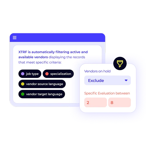 An XTRF interface for smart vendor matching. The visual shows how the system automatically filters vendors based on criteria like job type, specialization, and language.