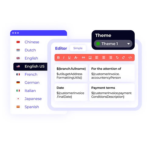 An XTRF template editor showing multiple languages and a text editor. This feature enables users to customize templates for invoices, emails, and other communications.