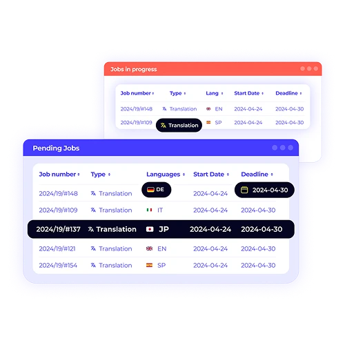 The XTRF vendor portal showing a list of pending jobs and jobs in progress. The table displays job numbers, types, languages, and deadlines, providing vendors with a clear view of their work.