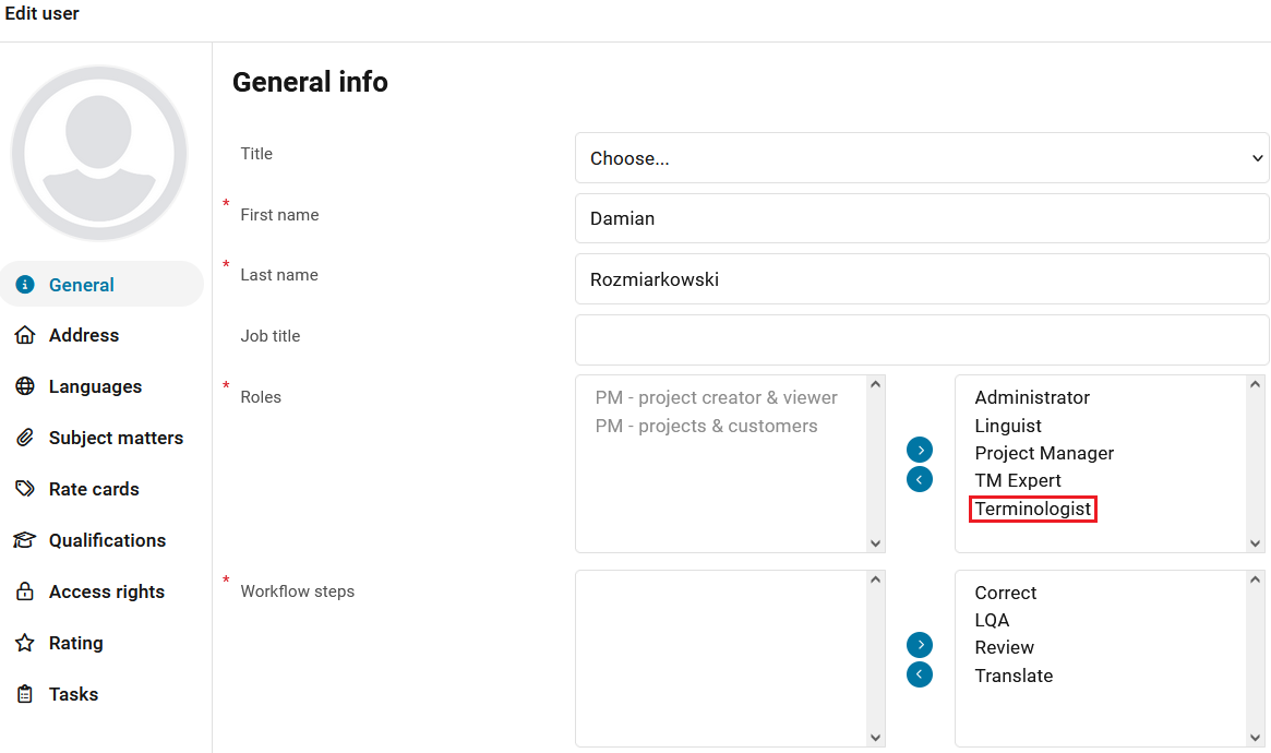 XTM User Settings Interface
