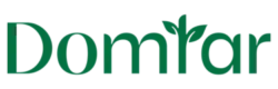 The Domtar logo. The word "Domtar" is in a green, sans-serif font, and two small leaves form the top of the "t."