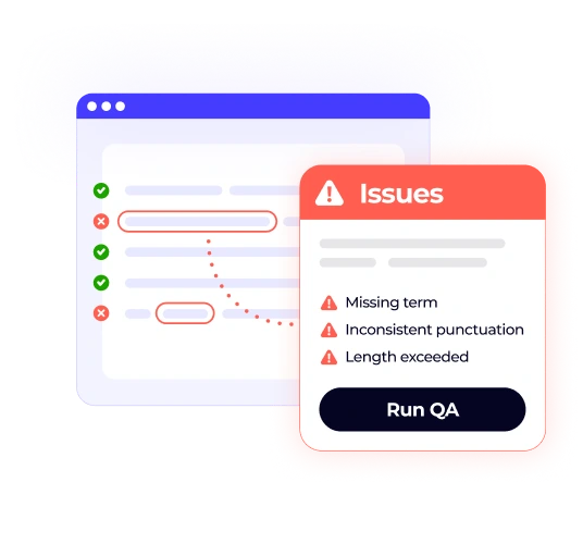 A graphic of an automated quality assurance check in XTM, listing detected issues such as missing terms, inconsistent punctuation, and length exceeding limits.
