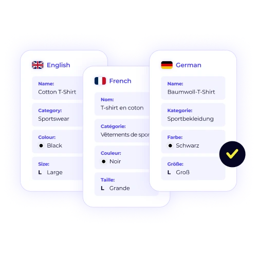 An illustration showing how XTM maintains data integrity across different languages, displaying product details like "T-Shirt" in English, French, and German.