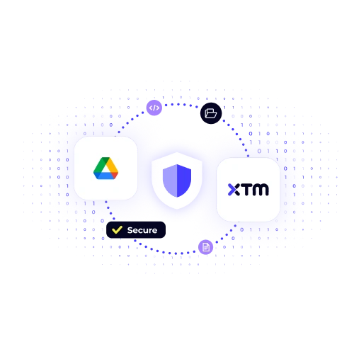 A graphic showing a shield protecting data flow between Google Drive and XTM, representing the platform's commitment to secure file handling.