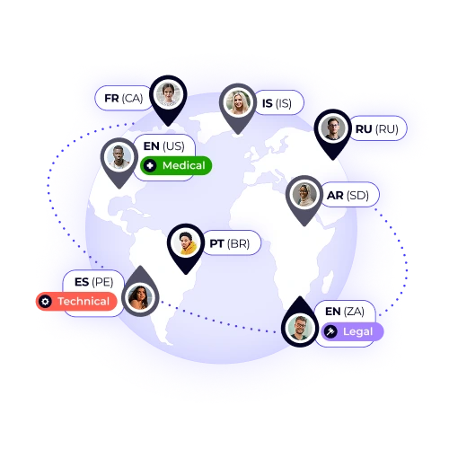 A world map graphic displaying the XTM translator network, with pins indicating translators in various locations and their areas of expertise.
