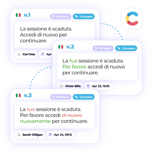 Contentful translation revision history, showing version changes (v.1 to v.3) in Italian. Ensure quality and track content evolution.